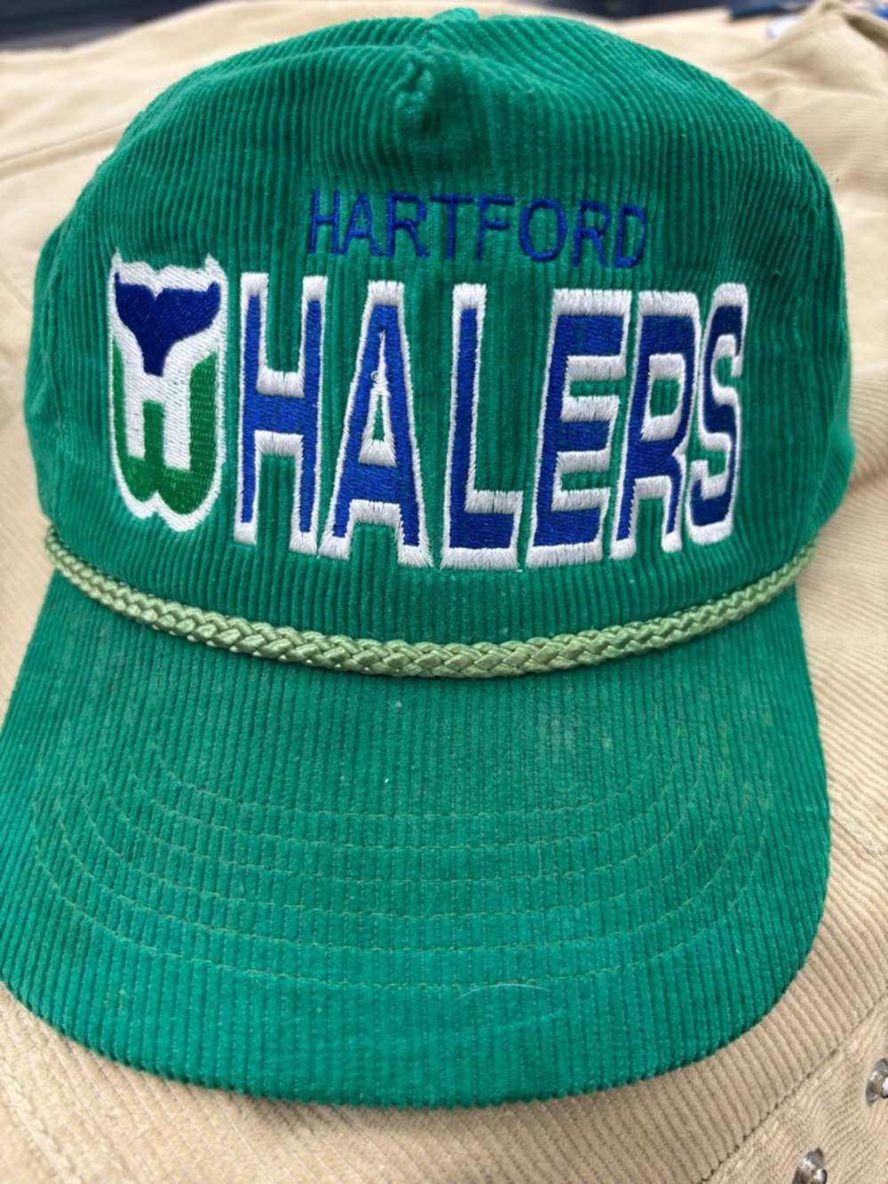 Vintage Hartford Whalers Corduroy Snapback Hat Green & Blue & White Embroidery